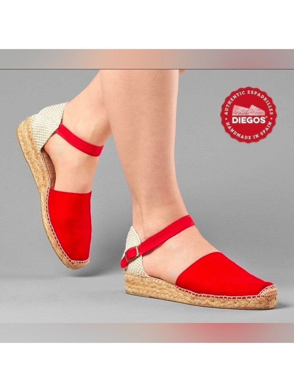 Diegos Classic Spanish Handmade Red Anklestrap Espadrilles for Women Size 37 NWT